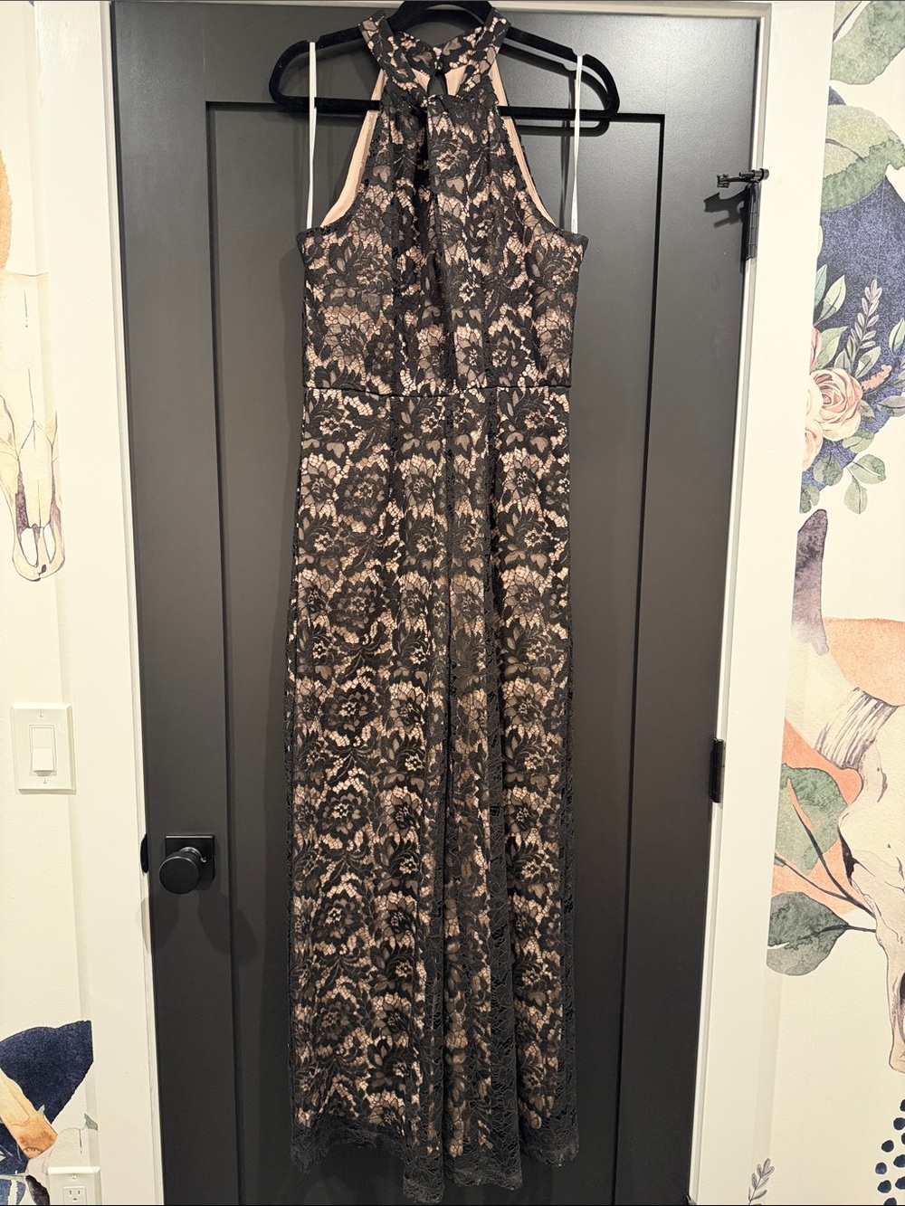 Women’s Black Lace Halter Evening Jumper with Nude Lining